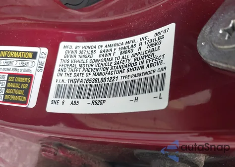 2008 Honda Civic Lx from USA, damaged, VIN 1HGFA16538L001221